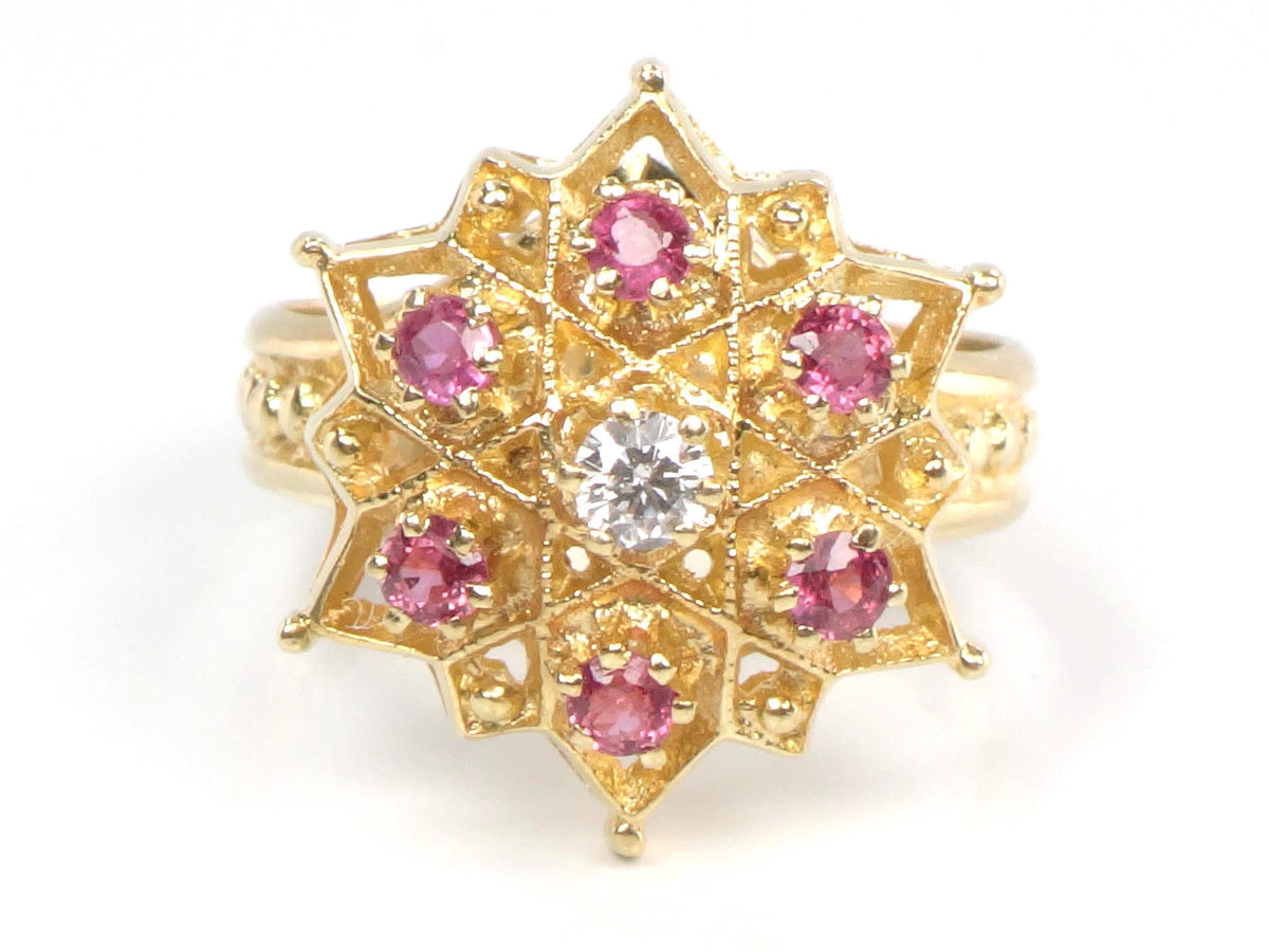 Vintage 14k Yellow Gold Natural Diamond and Ruby Star Cocktail Ring, Size 7.25-BelmarJewelers