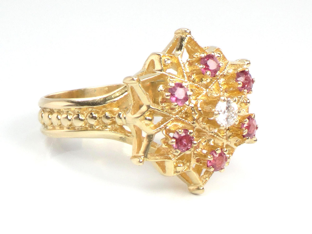 Vintage 14k Yellow Gold Natural Diamond and Ruby Star Cocktail Ring, Size 7.25-BelmarJewelers