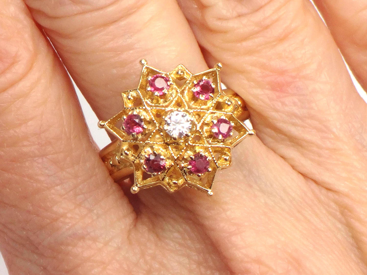 Vintage 14k Yellow Gold Natural Diamond and Ruby Star Cocktail Ring, Size 7.25-BelmarJewelers