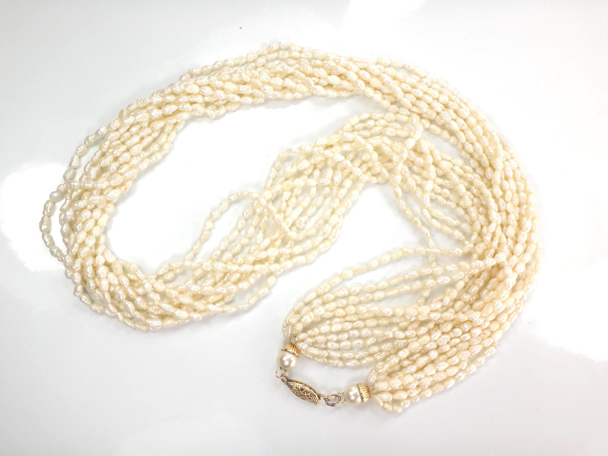 Vintage 14k Gold Ten Strand Freshwater Pearl Necklace 25", Bridal-BelmarJewelers
