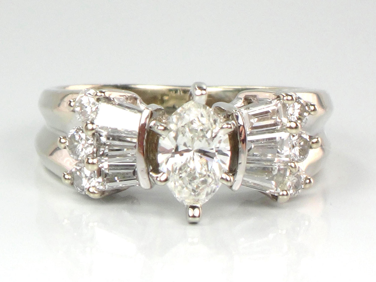 Vintage 14k White Gold Marquise Diamond Engagement Ring, Circa 1980s, 1 Carat TDW, Size 5.5-BelmarJewelers