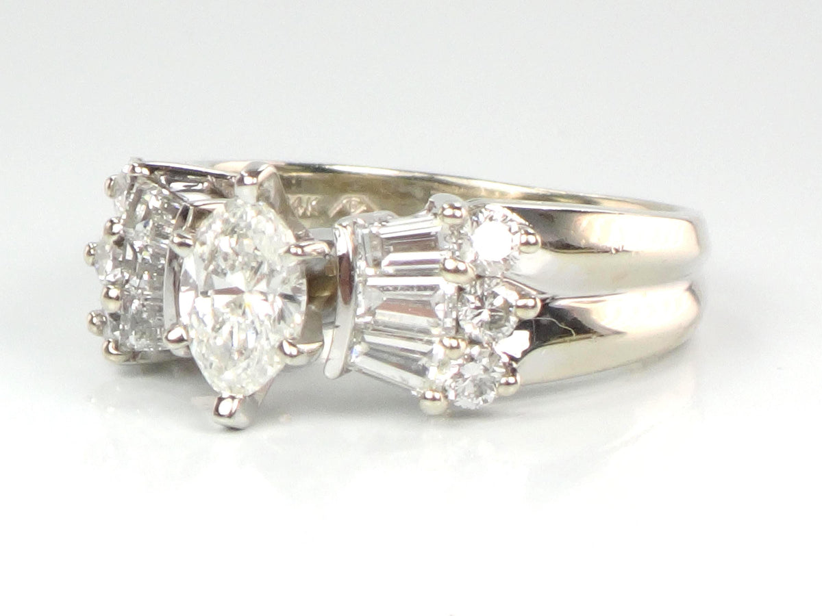 Vintage 14k White Gold Marquise Diamond Engagement Ring, Circa 1980s, 1 Carat TDW, Size 5.5-BelmarJewelers