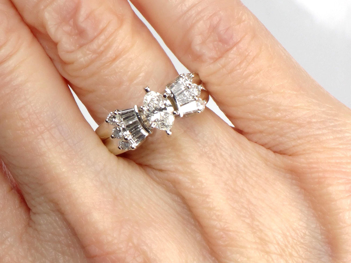 Vintage 14k White Gold Marquise Diamond Engagement Ring, Circa 1980s, 1 Carat TDW, Size 5.5-BelmarJewelers
