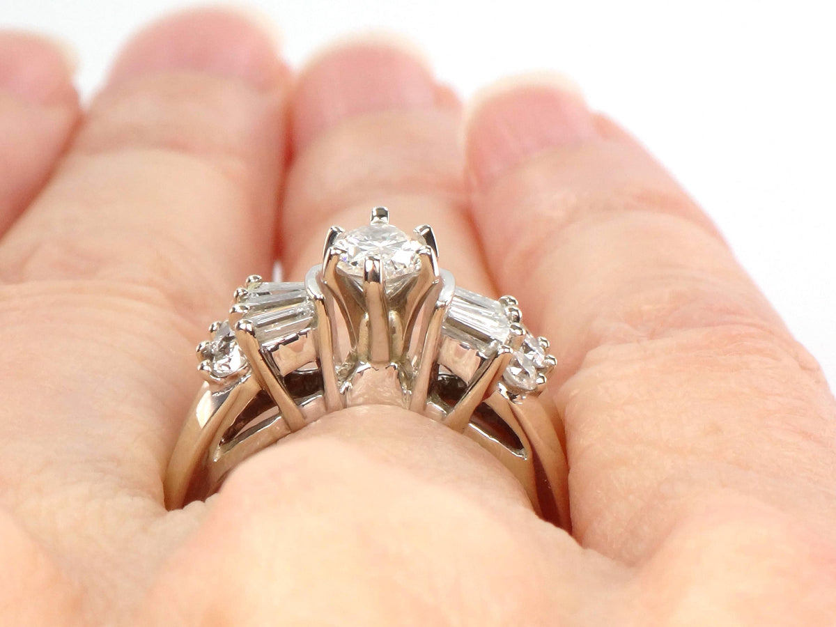 Vintage 14k White Gold Marquise Diamond Engagement Ring, Circa 1980s, 1 Carat TDW, Size 5.5-BelmarJewelers