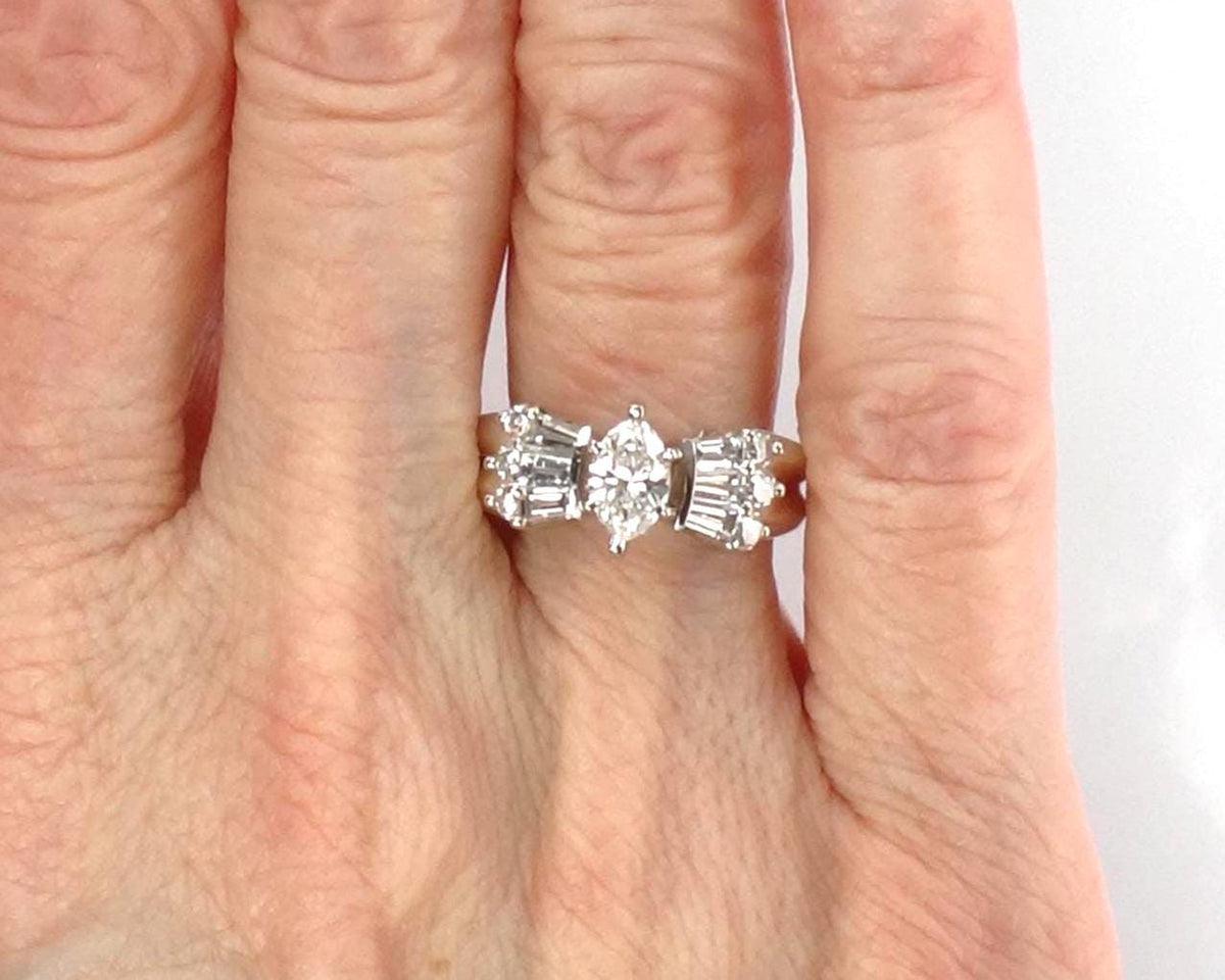 Vintage 14k White Gold Marquise Diamond Engagement Ring, Circa 1980s, 1 Carat TDW, Size 5.5-BelmarJewelers