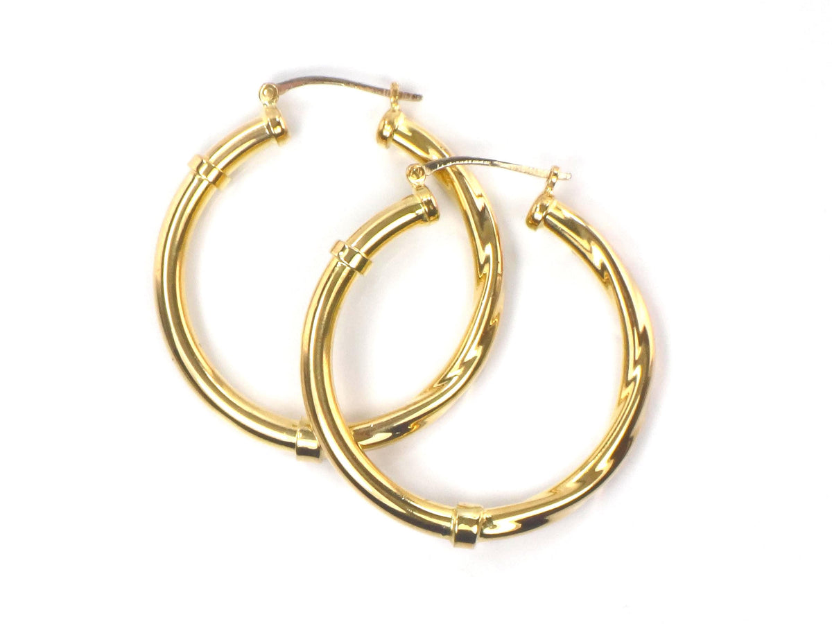 Vintage 18k Yellow Gold Polished and Twist Hoop Earrings: 1 3/16"-BelmarJewelers