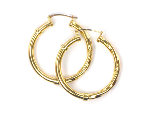 Vintage 18k Yellow Gold Polished and Twist Hoop Earrings: 1 3/16"-BelmarJewelers