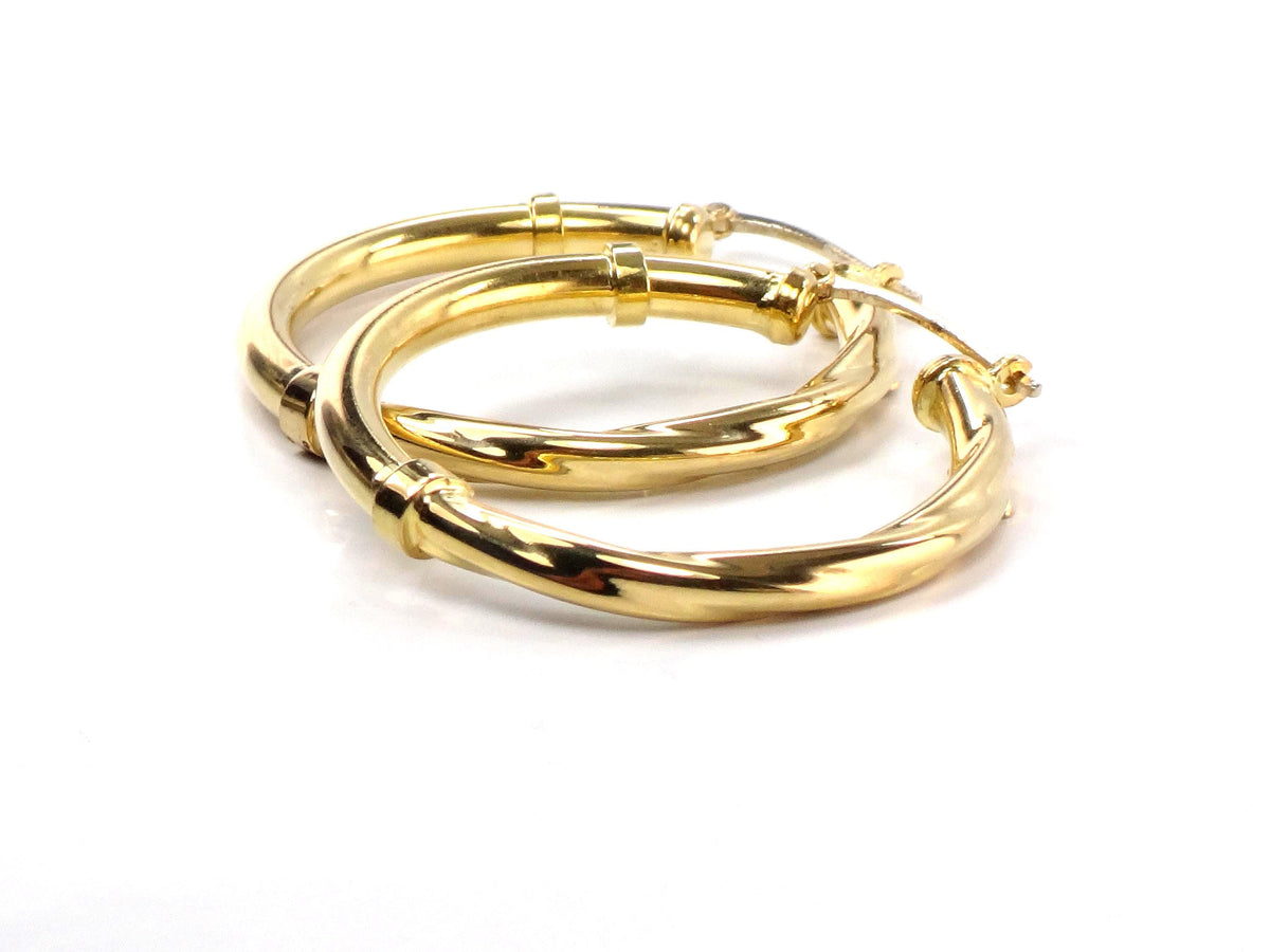 Vintage 18k Yellow Gold Polished and Twist Hoop Earrings: 1 3/16"-BelmarJewelers