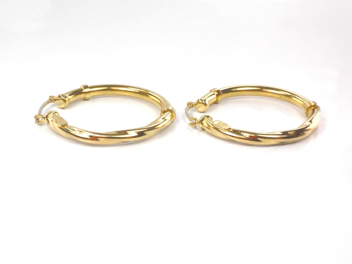 Vintage 18k Yellow Gold Polished and Twist Hoop Earrings: 1 3/16"-BelmarJewelers