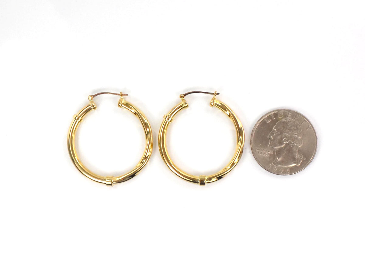 Vintage 18k Yellow Gold Polished and Twist Hoop Earrings: 1 3/16"-BelmarJewelers