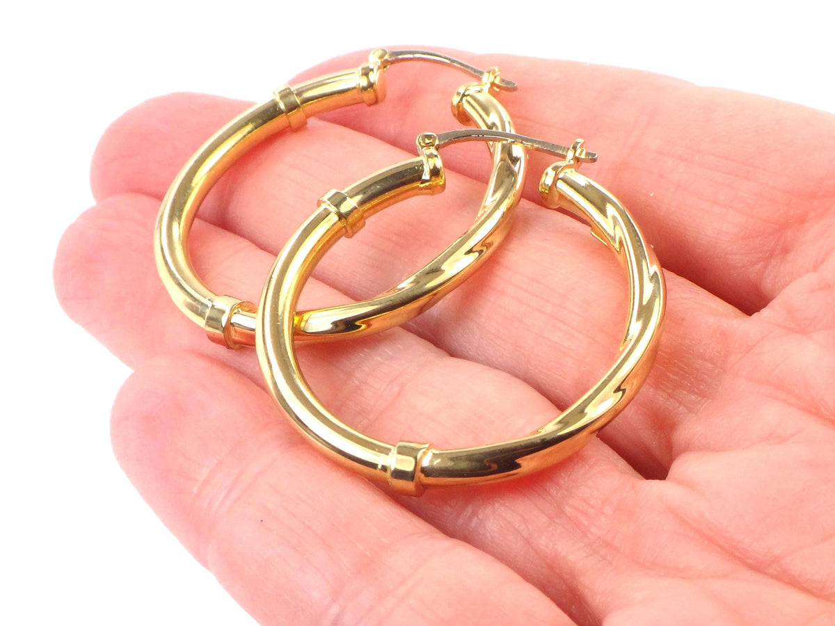 Vintage 18k Yellow Gold Polished and Twist Hoop Earrings: 1 3/16"-BelmarJewelers