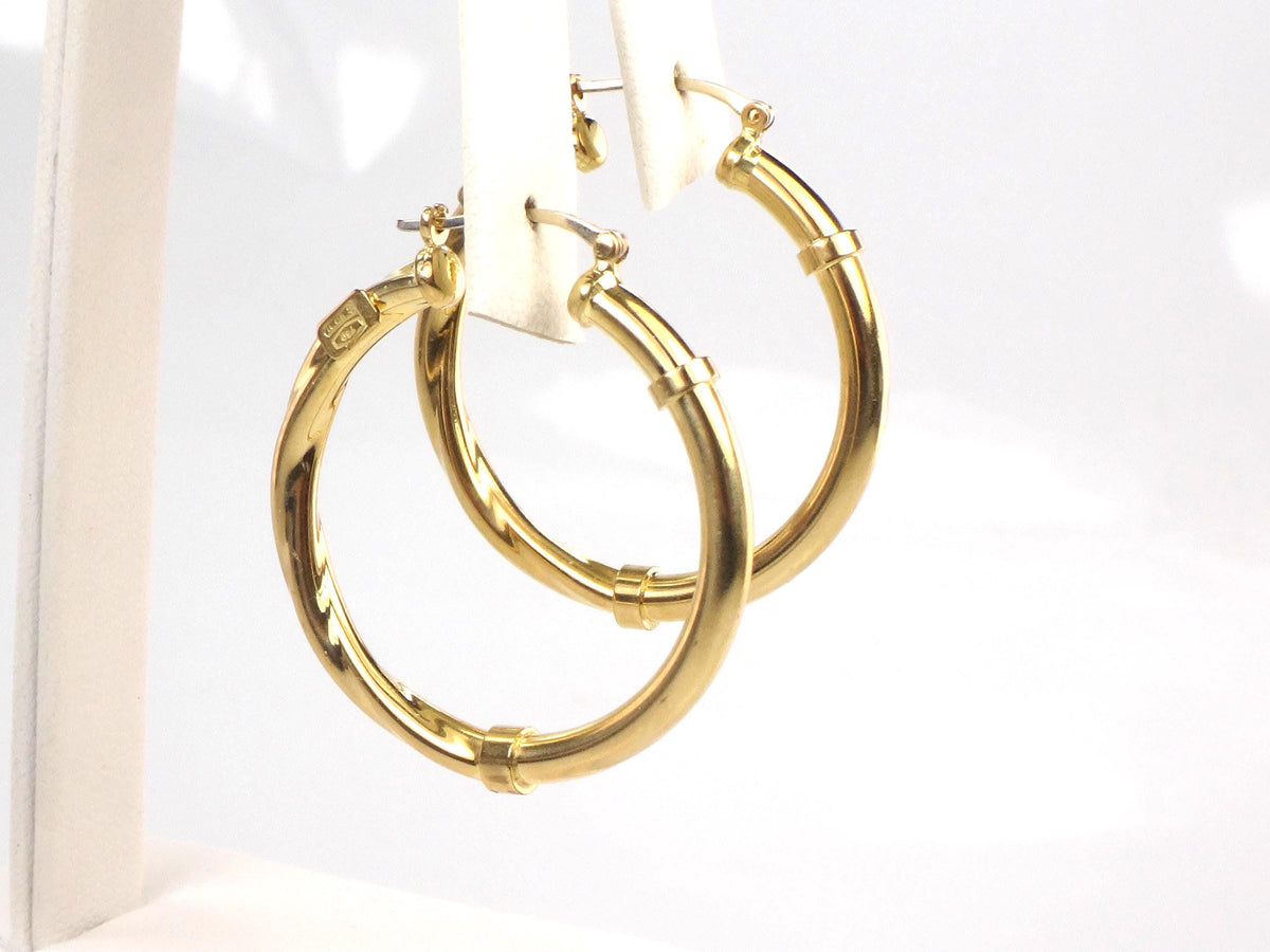 Vintage 18k Yellow Gold Polished and Twist Hoop Earrings: 1 3/16"-BelmarJewelers