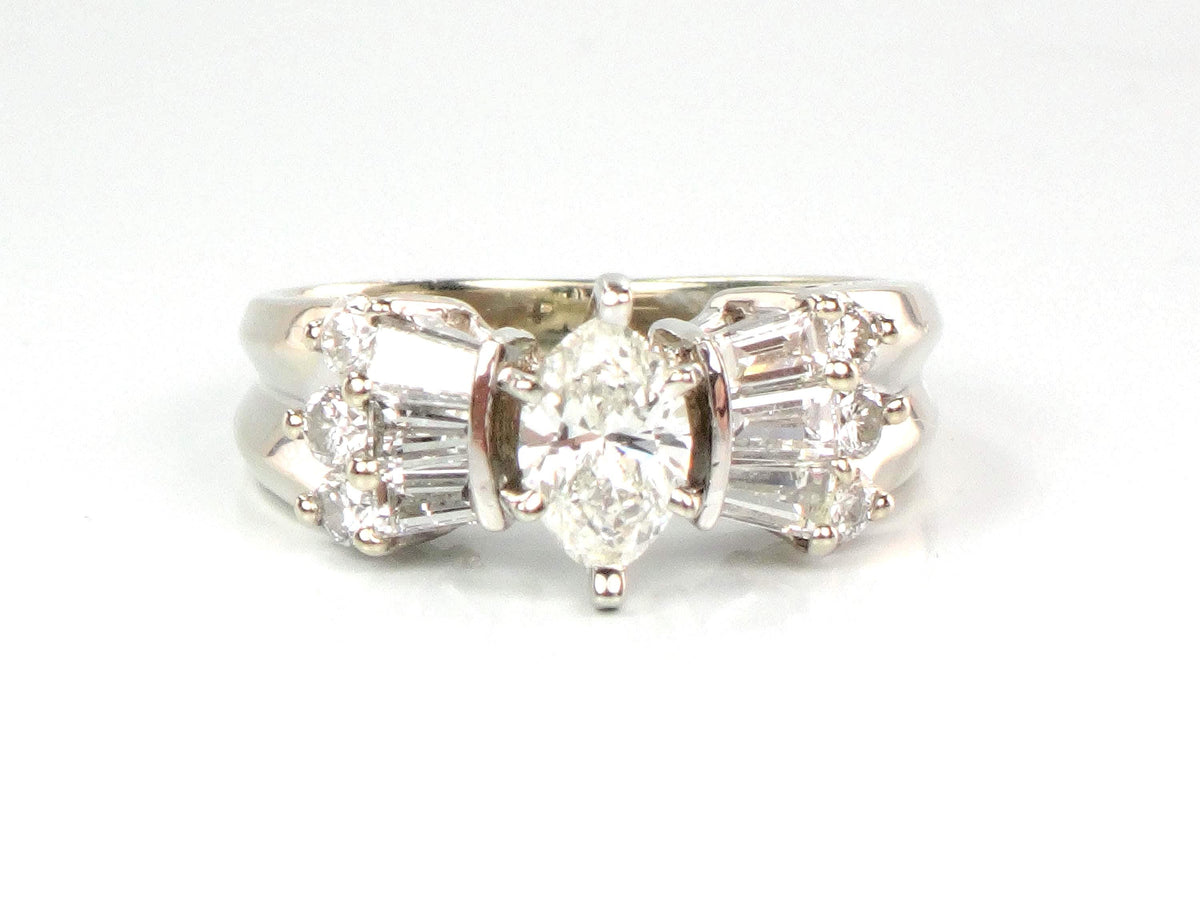 Vintage 14k White Gold Marquise Diamond Engagement Ring, Circa 1980s, 1 Carat TDW, Size 5.5-BelmarJewelers
