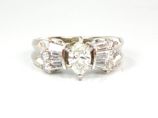 Vintage 14k White Gold Marquise Diamond Engagement Ring, Circa 1980s, 1 Carat TDW, Size 5.5-BelmarJewelers