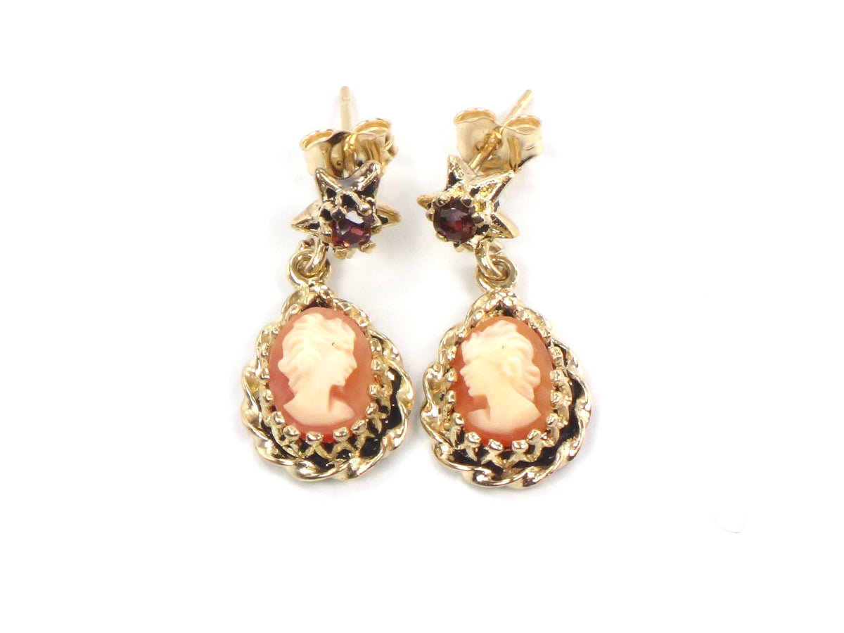 Vintage 14k Yellow Gold Shell Cameo and Garnet Star Dangle Earrings with Post Backs-BelmarJewelers
