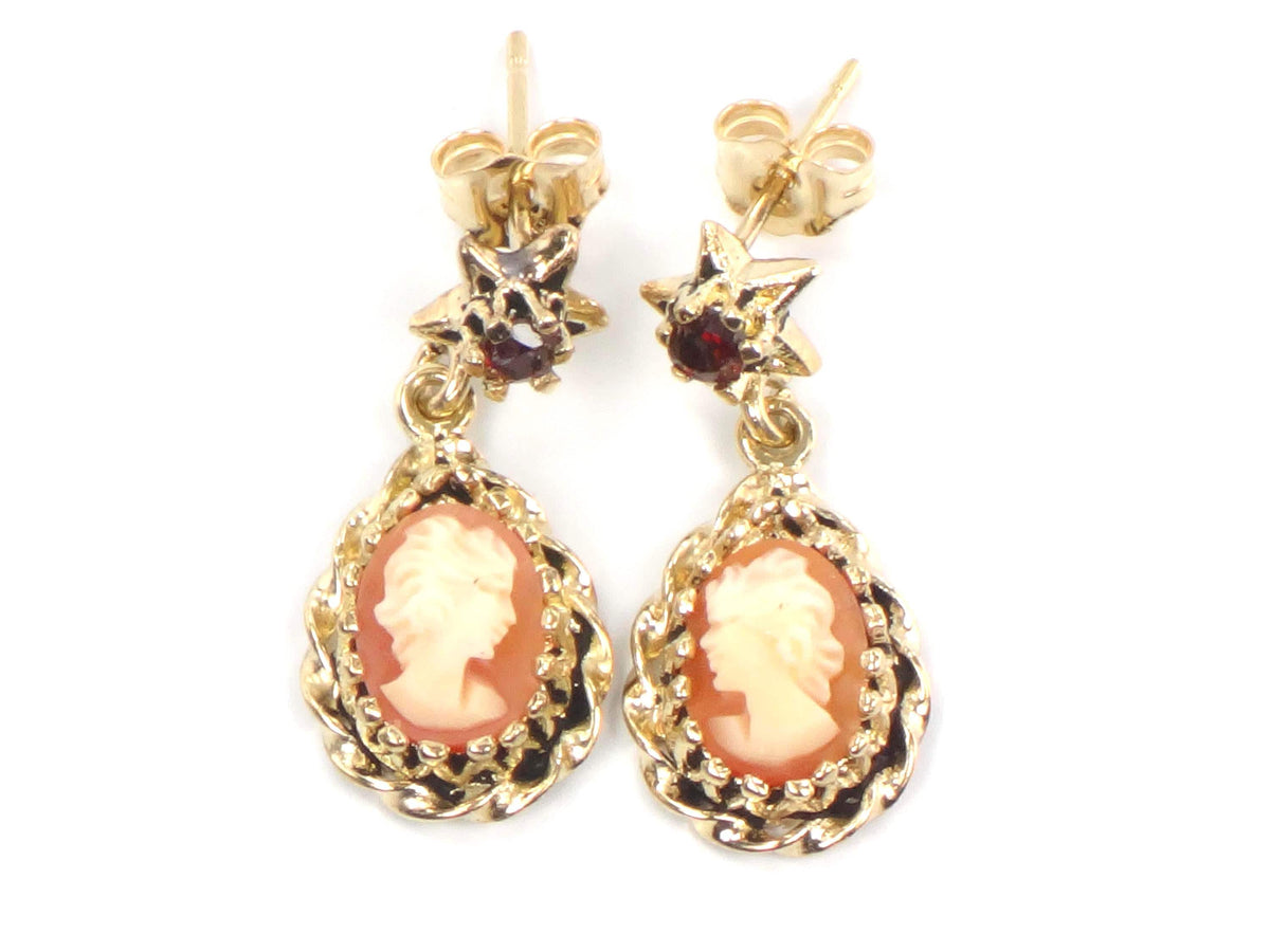 Vintage 14k Yellow Gold Shell Cameo and Garnet Star Dangle Earrings with Post Backs-BelmarJewelers
