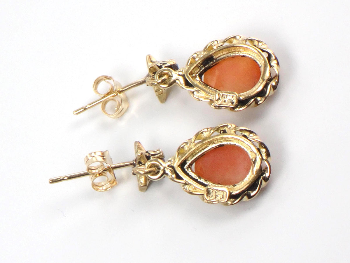 Vintage 14k Yellow Gold Shell Cameo and Garnet Star Dangle Earrings with Post Backs-BelmarJewelers