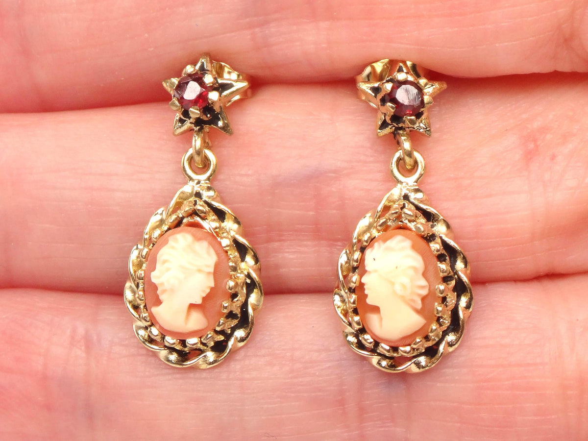 Vintage 14k Yellow Gold Shell Cameo and Garnet Star Dangle Earrings with Post Backs-BelmarJewelers