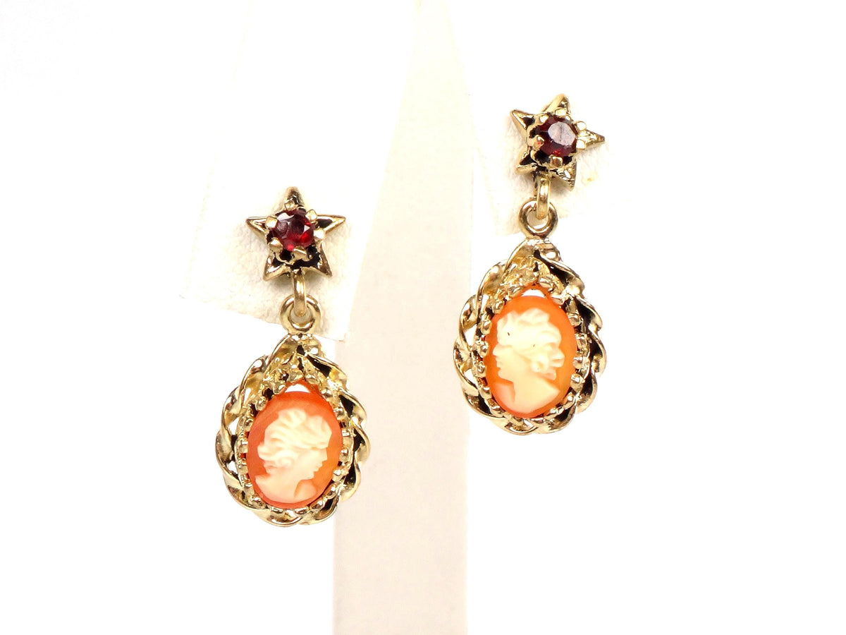 Vintage 14k Yellow Gold Shell Cameo and Garnet Star Dangle Earrings with Post Backs-BelmarJewelers