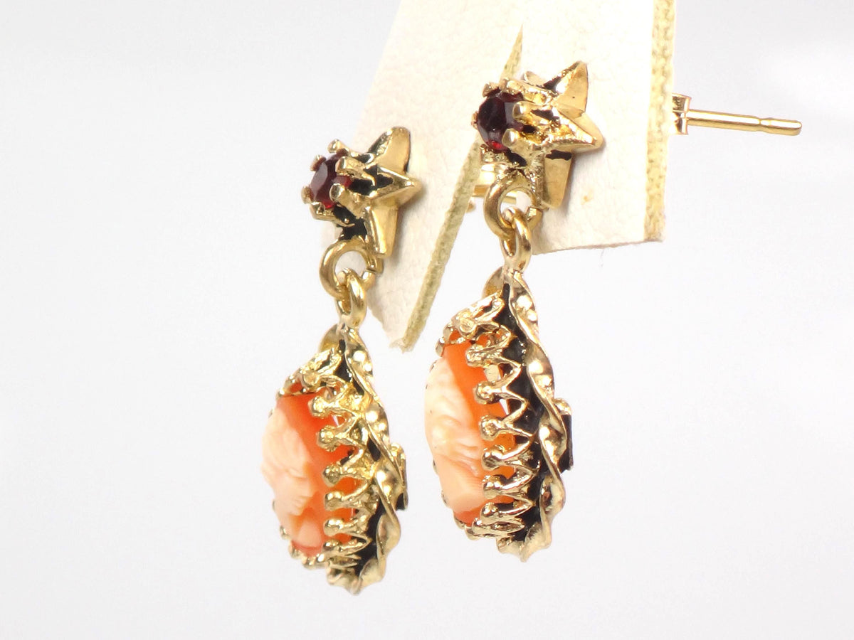 Vintage 14k Yellow Gold Shell Cameo and Garnet Star Dangle Earrings with Post Backs-BelmarJewelers
