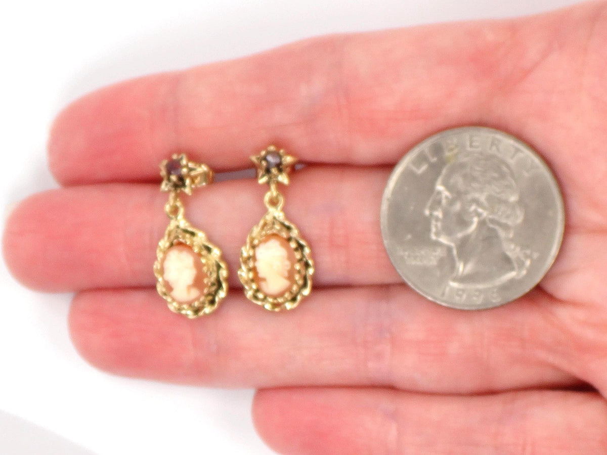 Vintage 14k Yellow Gold Shell Cameo and Garnet Star Dangle Earrings with Post Backs-BelmarJewelers
