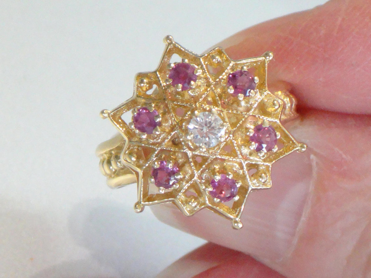 Vintage 14k Yellow Gold Natural Diamond and Ruby Star Cocktail Ring, Size 7.25-BelmarJewelers
