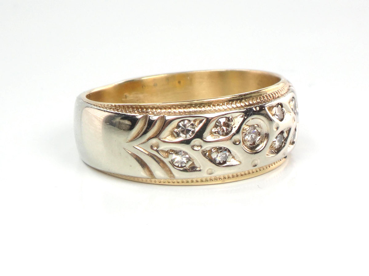 Vintage 14k Two Tone Gold Diamond Wedding Band, Size 7-BelmarJewelers