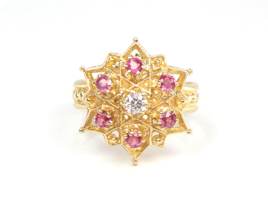 Vintage 14k Yellow Gold Natural Diamond and Ruby Star Cocktail Ring, Size 7.25-BelmarJewelers