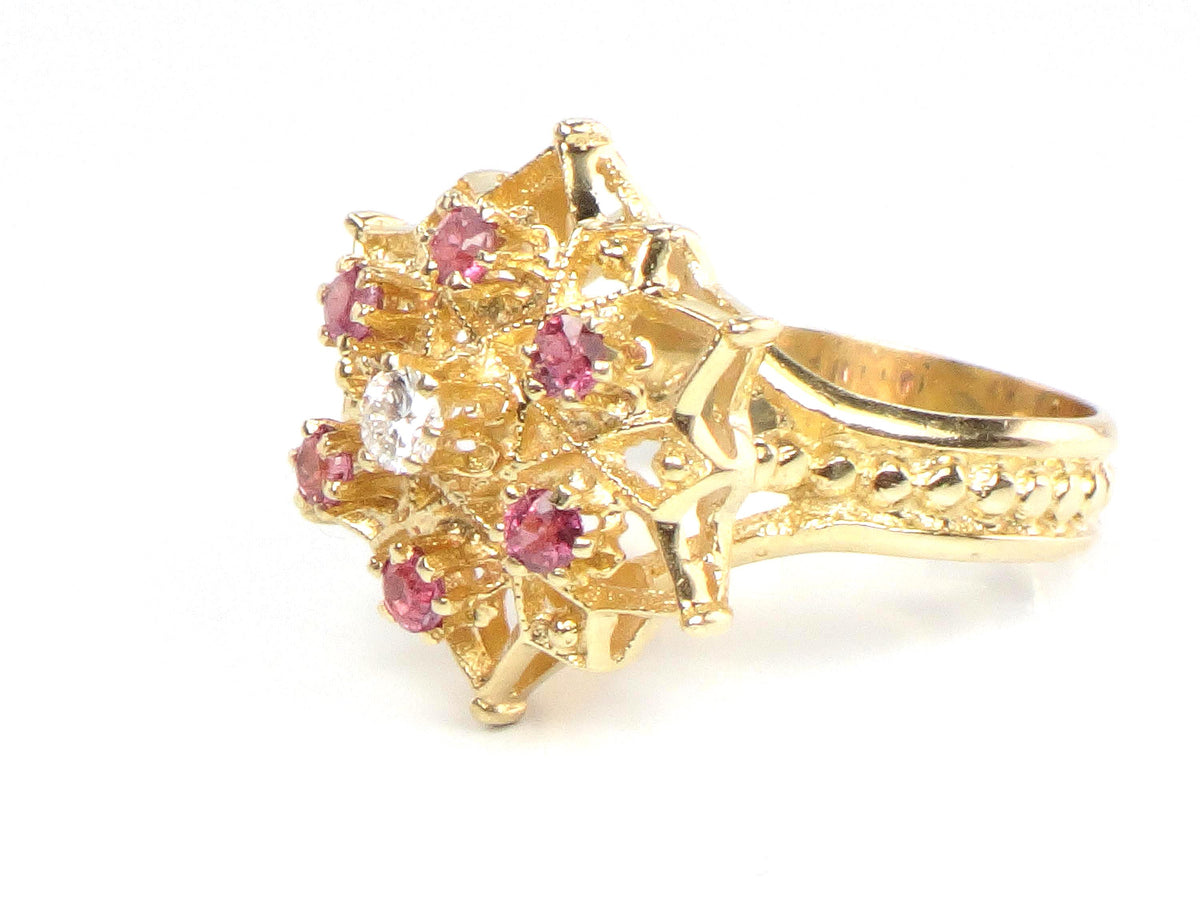 Vintage 14k Yellow Gold Natural Diamond and Ruby Star Cocktail Ring, Size 7.25-BelmarJewelers