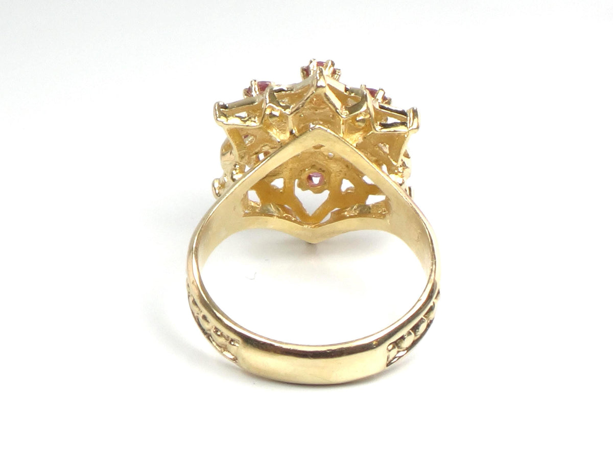 Vintage 14k Yellow Gold Natural Diamond and Ruby Star Cocktail Ring, Size 7.25-BelmarJewelers