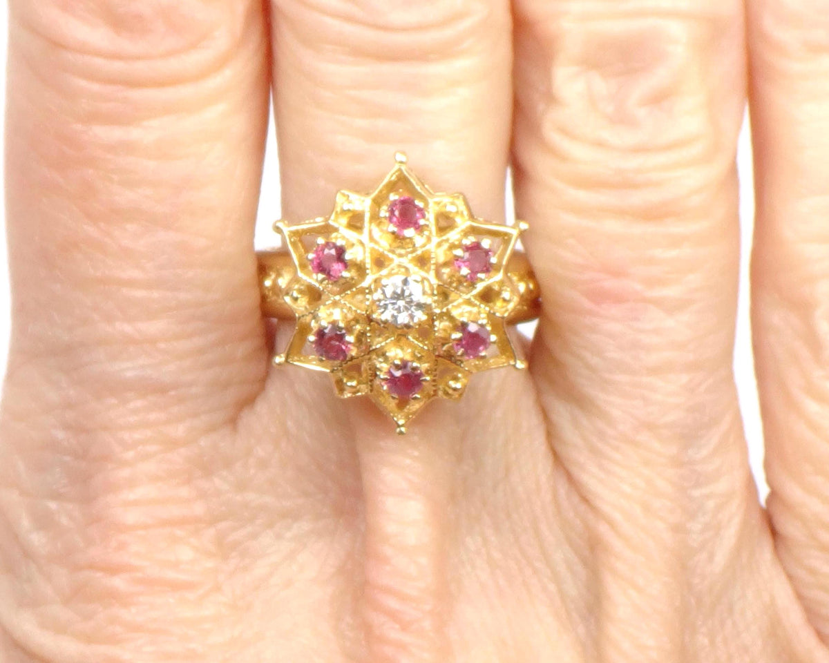 Vintage 14k Yellow Gold Natural Diamond and Ruby Star Cocktail Ring, Size 7.25-BelmarJewelers