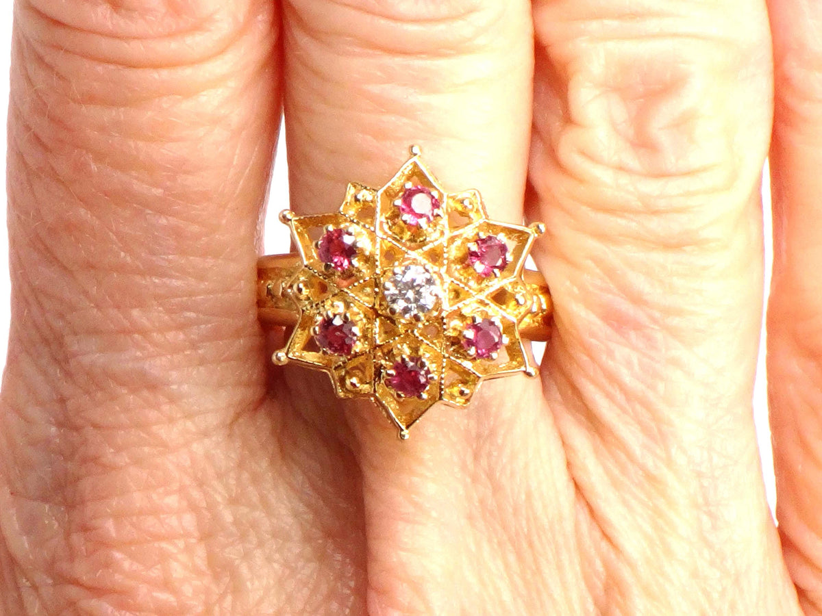 Vintage 14k Yellow Gold Natural Diamond and Ruby Star Cocktail Ring, Size 7.25-BelmarJewelers