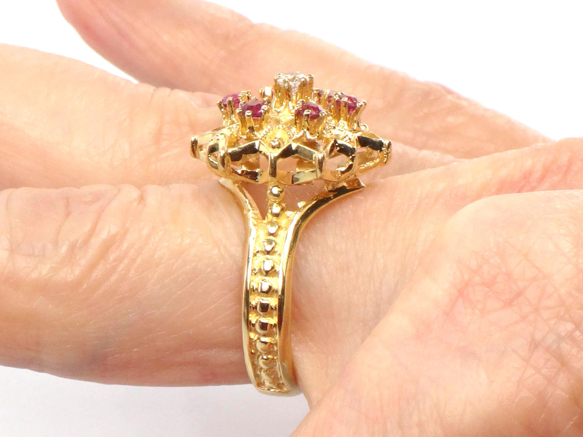 Vintage 14k Yellow Gold Natural Diamond and Ruby Star Cocktail Ring, Size 7.25-BelmarJewelers