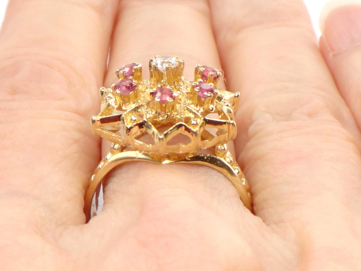Vintage 14k Yellow Gold Natural Diamond and Ruby Star Cocktail Ring, Size 7.25-BelmarJewelers
