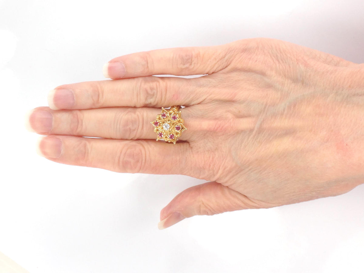 Vintage 14k Yellow Gold Natural Diamond and Ruby Star Cocktail Ring, Size 7.25-BelmarJewelers