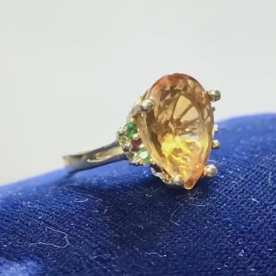 Vintage 14k Yellow Gold Citrine Ring with Emeralds and Rubies, Size 8.25