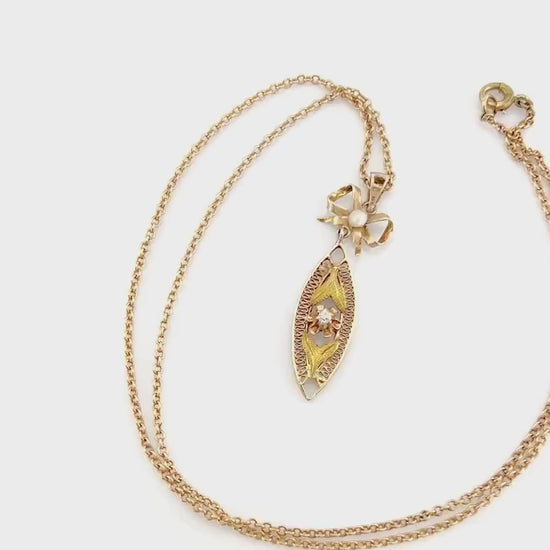 Vintage 14k Gold Diamond Filigree Pendant Necklace: Art Nouveau Bow, 18" Chain