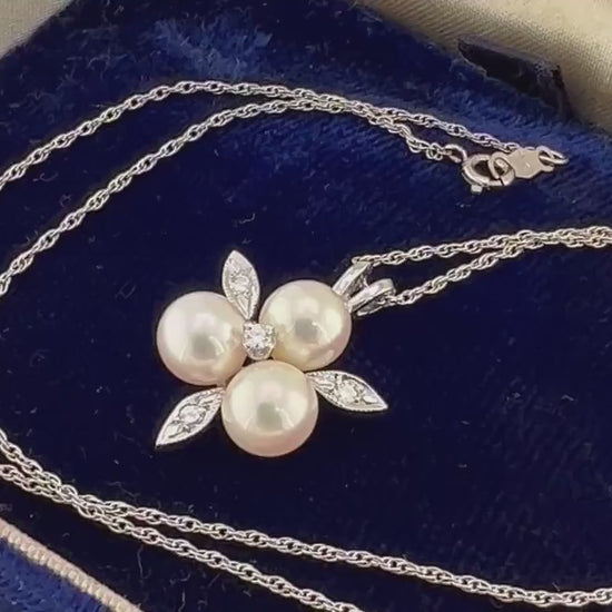Vintage 14k White Gold Pearl & Diamond Pendant Necklace, Trefoil Design