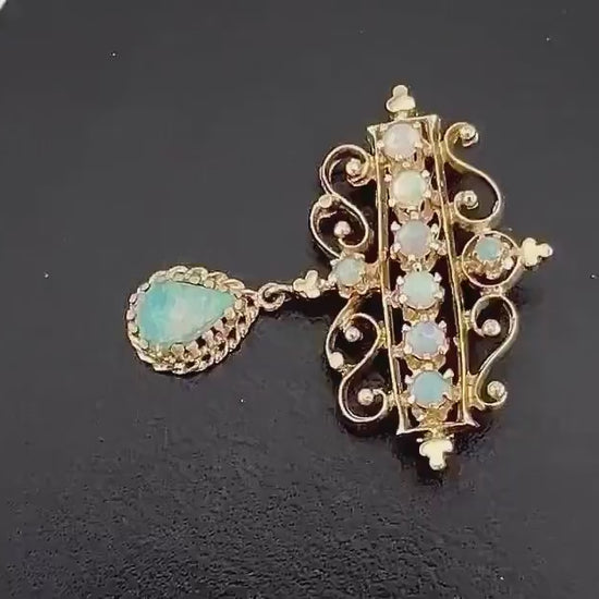 Vintage 14k Yellow Gold Opal Pendant Pin: Australian Opal October Birthstone