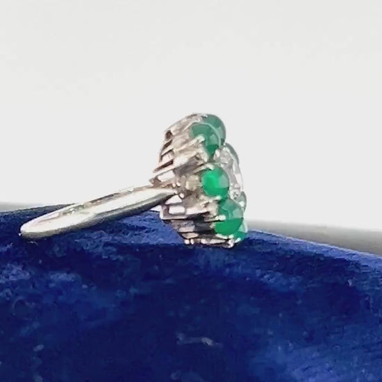 Vintage Sterling Silver Green Glass Ring: White Sapphire Center, Size 6.75