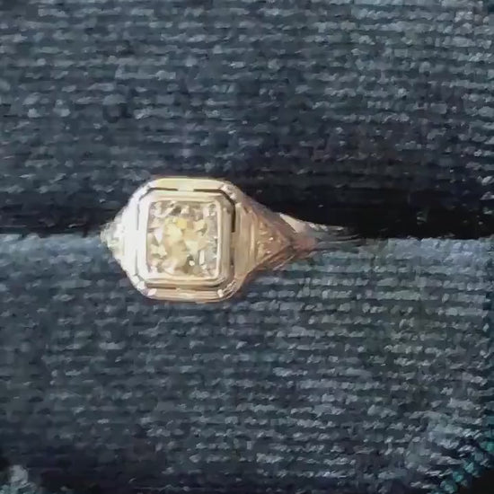 Art Deco Diamond Engagement Ring: 18k White Gold Filigree, Old Mine Cut