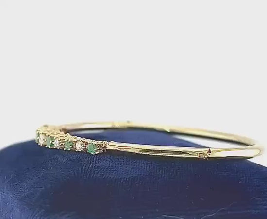 Vintage 14k Yellow Gold Emerald Diamond Bangle Bracelet - 6.75"