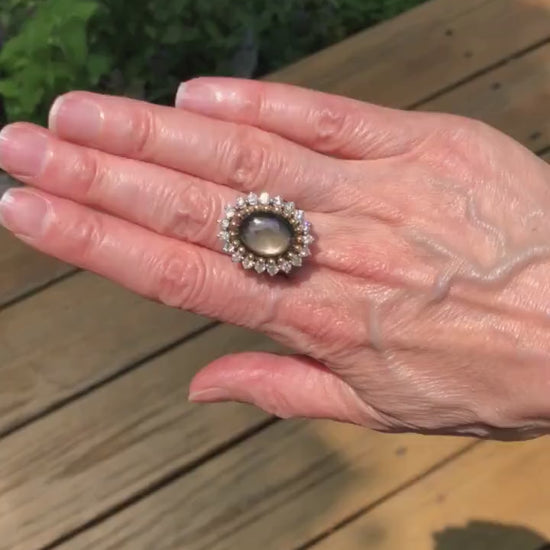 Vintage Black Star Sapphire Ring: Diamond Halo, 14k Two-Tone Gold, Size 5.25