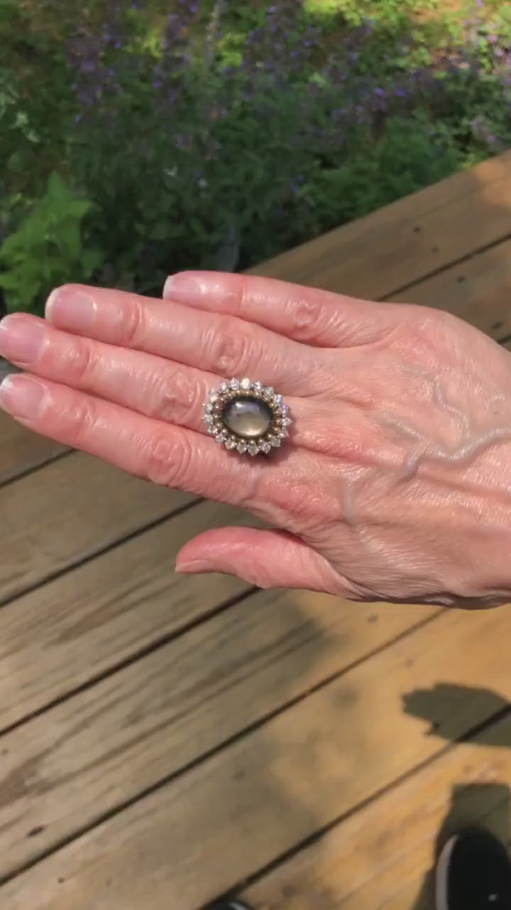 Vintage Black Star Sapphire Ring: Diamond Halo, 14k Two-Tone Gold, Size 5.25