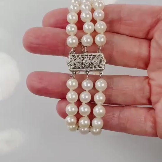 Vintage 14k White Gold Pearl Bracelet: Diamond Filigree Clasp, Bridal Jewelry