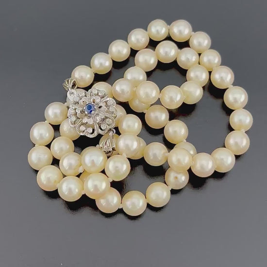 Vintage 18k White Gold Pearl Necklace: Sapphire Floral Clasp, 19" Bridal Strand
