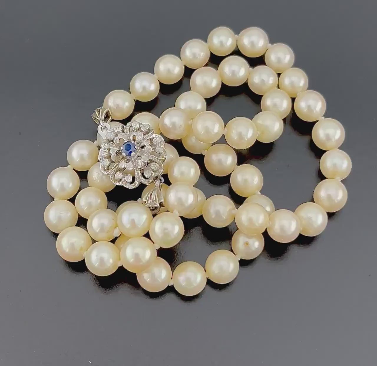 Vintage 18k White Gold Pearl Necklace: Sapphire Floral Clasp, 19" Bridal Strand
