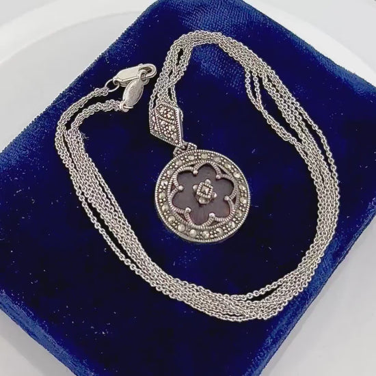 Vintage Judith Jack Sterling Silver Camphor Glass Marcasite Pendant Necklace