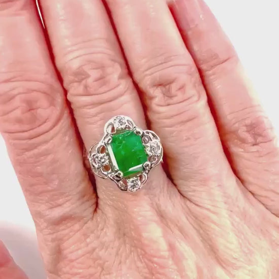 Vintage Emerald Diamond Ring: 14k White Gold May Birthstone, Size 7.5