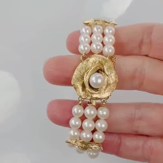 Vintage 14k Gold Pearl Bracelet: Triple Strand Floral Clasp, 7"